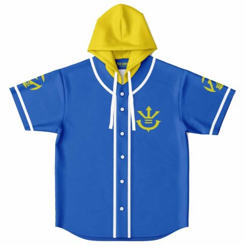 Angular yellow emblem on royal blue jersey with white piping, flat front view
