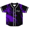 Black and purple abstract swirl jersey front with "LEAVE ME ALONE" text, flat studio view