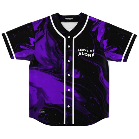 Black and purple abstract swirl jersey front with "LEAVE ME ALONE" text, flat studio view