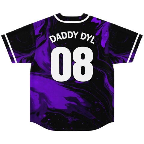 Black and purple abstract swirl jersey back displaying "DADDY DYLZ" and "08", flat studio view