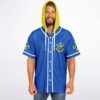 Royal blue festival jersey with yellow hood, white piping, angular chest emblem, front view