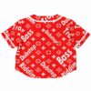 Back view of the red bass music print rave cropped baseball jersey with music-themed graphic elements