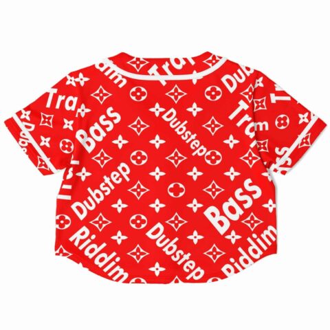 Back view of red cropped jersey featuring music-themed graphic elements