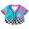 Vibrant pink, blue and green marbled rave cropped baseball jersey