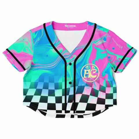Cropped baseball jersey with vibrant pink, blue, and green marbled design