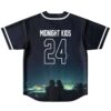 Starry night cityscape jersey back view with silhouetted couple, white 24, and bold back lettering
