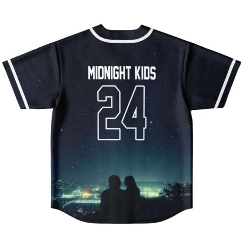 Starry night cityscape jersey back view with silhouetted couple, white 24, and bold back lettering