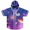 Purple space galaxy print with flying saucers and “STAY WEIRD” text, front view