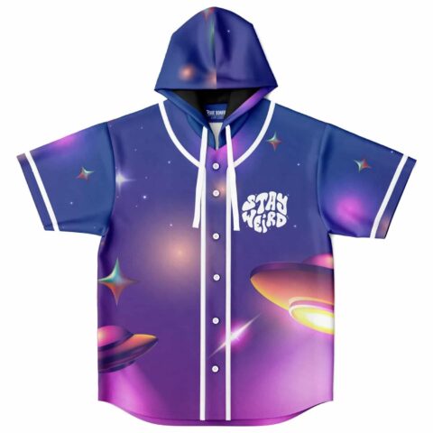 Purple space galaxy print with flying saucers and “STAY WEIRD” text, front view