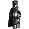 Black-and-white geometric circuit pattern cloak shown open from the right side, with hood visible
