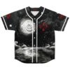 Black-and-white cosmic ocean front with swirling vortex, red elemental symbols, and white button piping