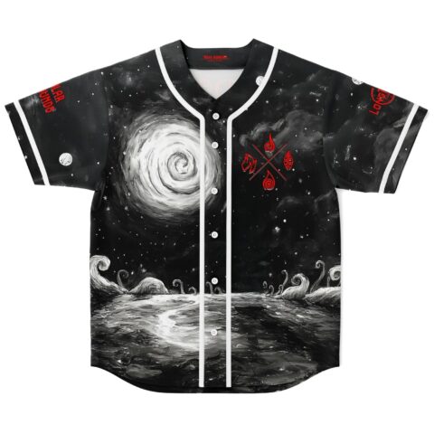 Black-and-white cosmic ocean front with swirling vortex, red elemental symbols, and white button piping
