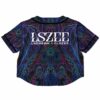 Back view of the purple and blue rave cropped baseball jersey with bold text and an abstract design