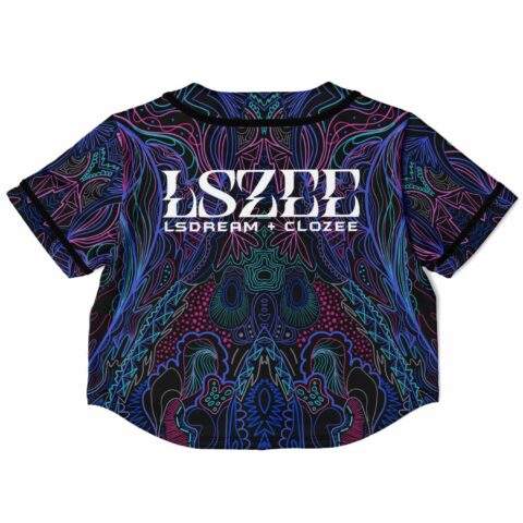 Cropped baseball jersey back view with bold text and abstract design