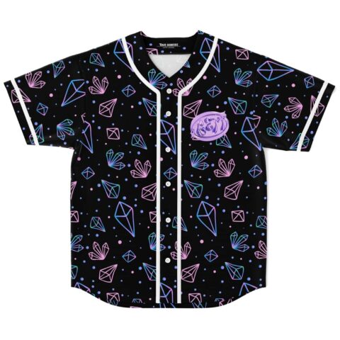 Front view of gem-patterned baseball jersey with logo