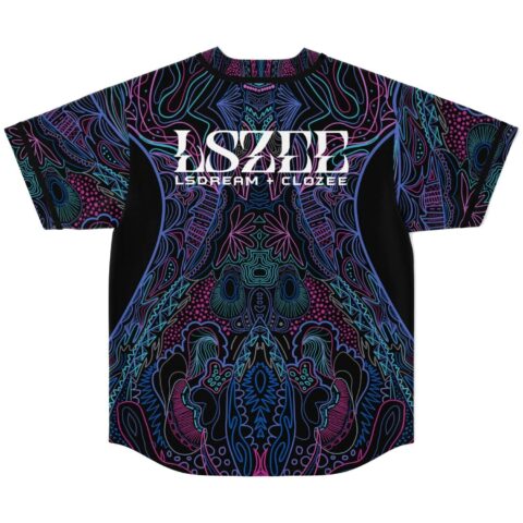 Black jersey featuring mirrored neon abstract pattern and oversized white back lettering, rear flat lay