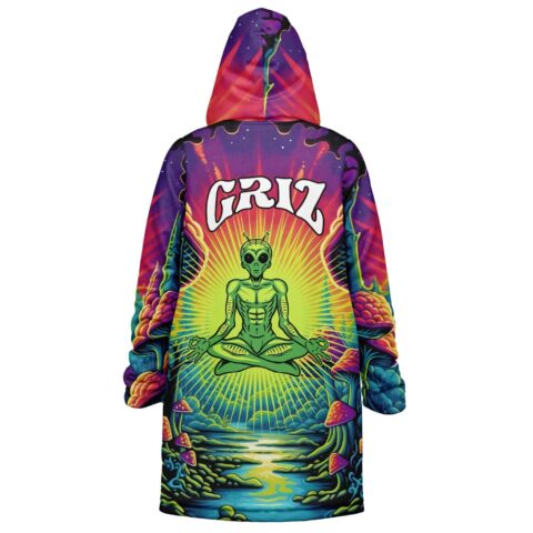 Back view featuring a meditating green alien, radiant landscape, and colorful mushroom forest print