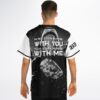Hooded figure back graphic with full phrase text and white sleeves, modeled rear view