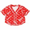Red rave cropped baseball jersey with a bass-inspired music print