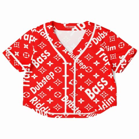 Cropped baseball jersey with red bass-inspired music print design
