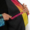 Close-up of black fleece lining and rainbow trim with an interior waist pocket