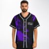 Black and purple abstract swirl jersey, front-facing with white trim and "LEAVE ME ALONE" text