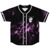 Black baseball jersey front with purple abstract swirl print, buttons, and small cartoon character