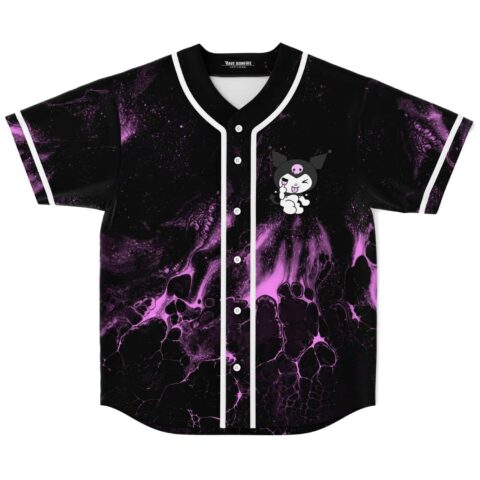 Black baseball jersey front with purple abstract swirl print, buttons, and small cartoon character