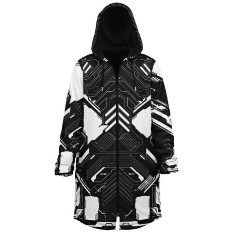 Black-and-white circuit-board pattern cloak with geometric chest panels, front view on white background