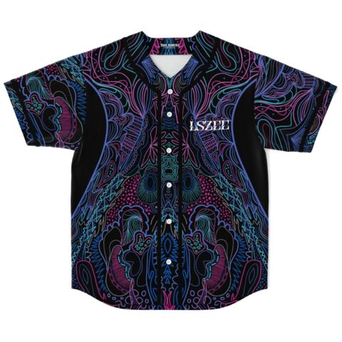 Psychedelic jersey with symmetrical neon linework and white LSZEE chest text, front flat lay