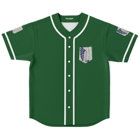 Winged shield emblem on a forest green jersey with white piping, front product view