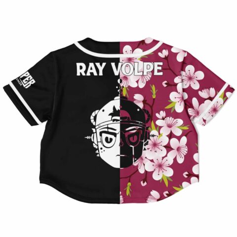 Cropped baseball jersey back view with floral graphic illustration