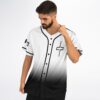 Black-to-white gradient jersey front with cross-like emblem, modeled close-up during fitting