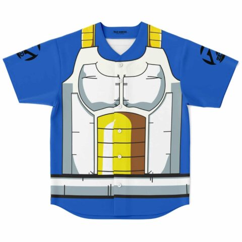 Royal blue armor-inspired jersey with white chest plating and yellow panels, front view