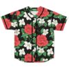 Black rose and jasmine floral pattern with green leaves and white blossoms, front view