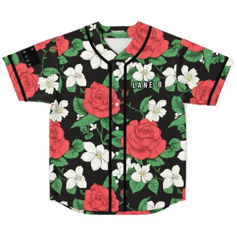 Black rose and jasmine floral pattern with green leaves and white blossoms, front view