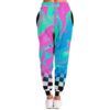 Rear view of psychedelic rave joggers showing the color flow