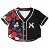 Black floral rave cropped baseball jersey, front view with floral design