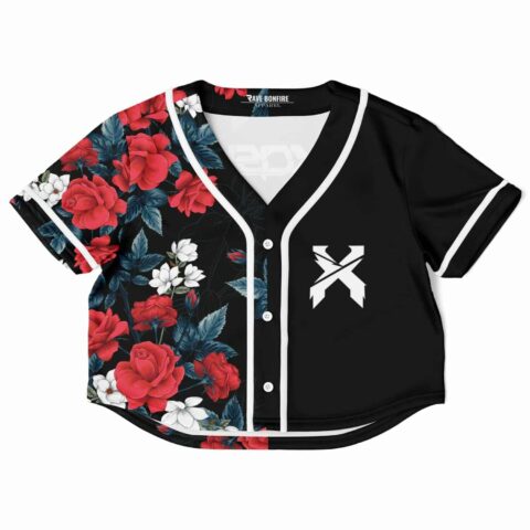 Black cropped baseball jersey with floral design, front view
