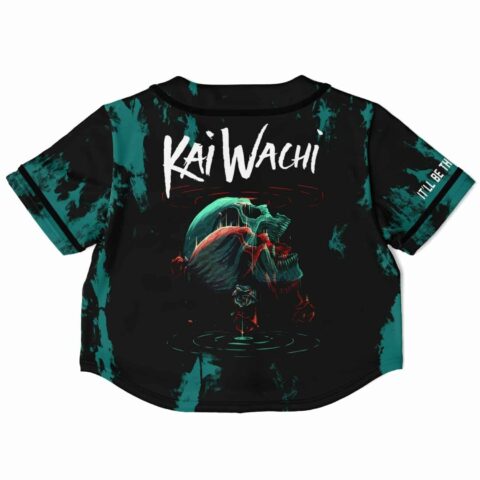 Black cropped baseball jersey back view with vibrant skull graphic