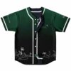 Green-to-black reversible jersey front view featuring delicate wildflowers, handwritten line art, and white piping