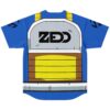 Royal blue armor-inspired jersey with bold black back lettering and yellow panel, back view
