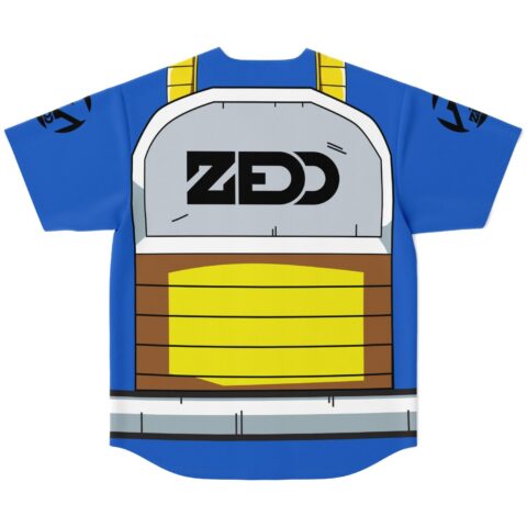 Royal blue armor-inspired jersey with bold black back lettering and yellow panel, back view