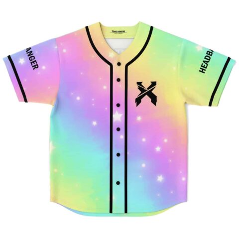 Pastel rainbow starry galaxy jersey front view with black piping, snaps, and crossed lightning emblem