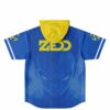 Anime-inspired energy warrior portrait on royal blue jersey, yellow hood, flat back view