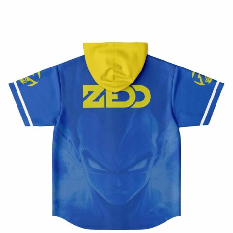 Anime-inspired energy warrior portrait on royal blue jersey, yellow hood, flat back view