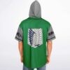 Large winged shield emblem on green jersey back, gray hood and sleeves, rear model view