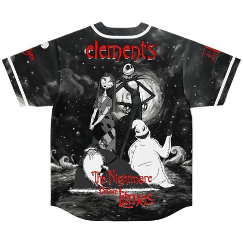 Black-and-white gothic cartoon-style back design with red “elements” lettering and swirling night sky