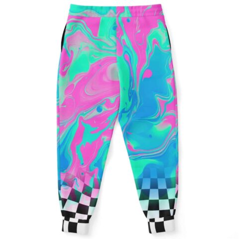Back view of joggers showcasing colorful psychedelic pattern