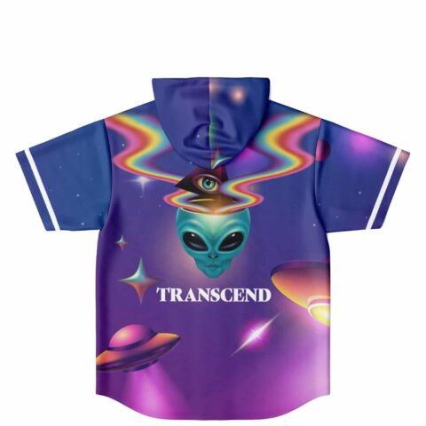 Neon alien galaxy design with rainbow orbit rings and “TRANSCEND” text, back view